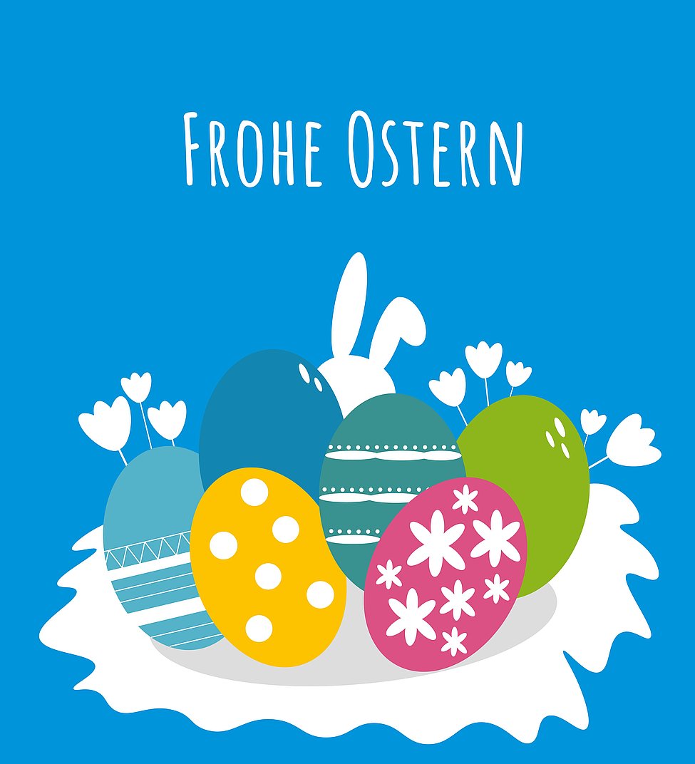 Bunte, verzierte Ostereier und stilisierte Herzblumen auf blauem Hintergrund – im Zentrum Hasenohren. Darüber steht: Frohe Ostern.